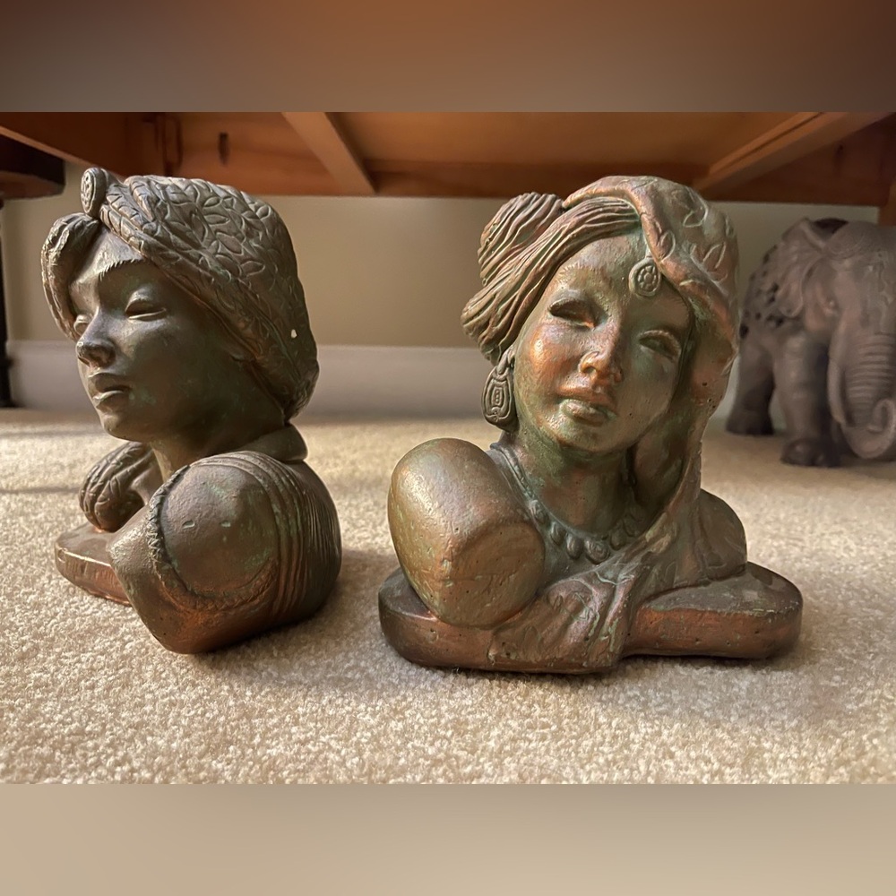 Vintage Bronze Bust of Indian Woman bookends